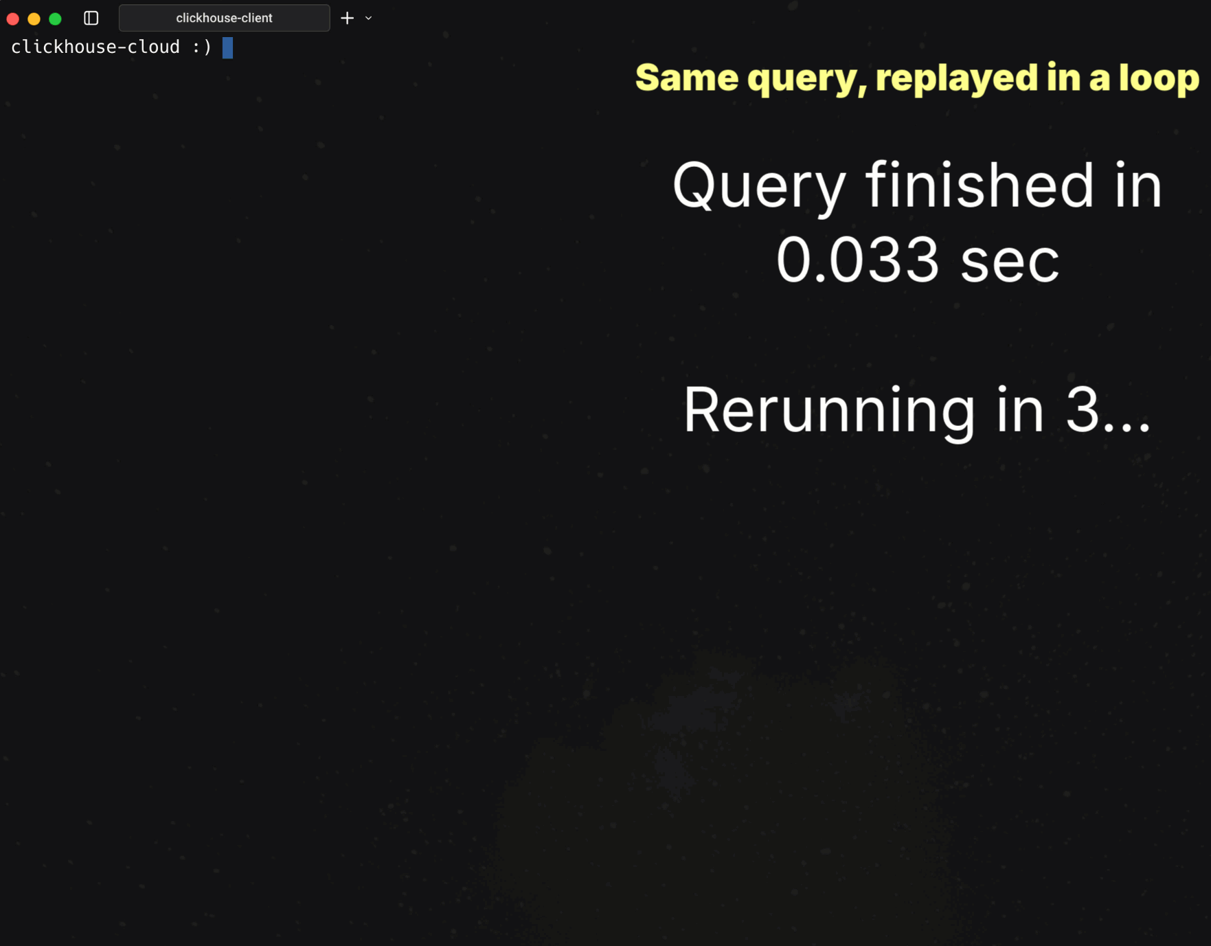Animated GIF: parallel-replicas GROUP BY finishing in 33 ms