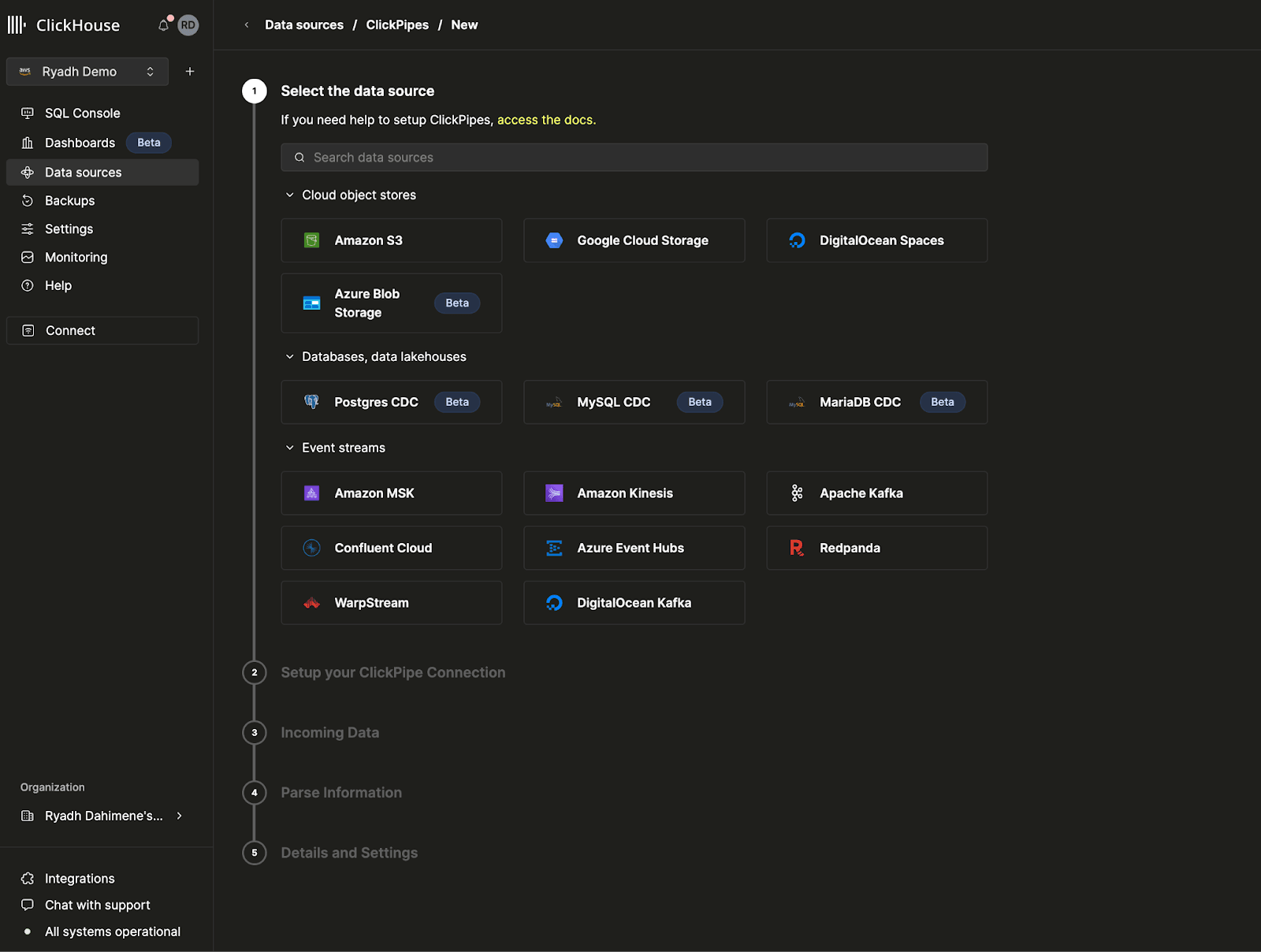 ClickPipes overall ingestion architecture (Kafka, Kinesis, object stores)